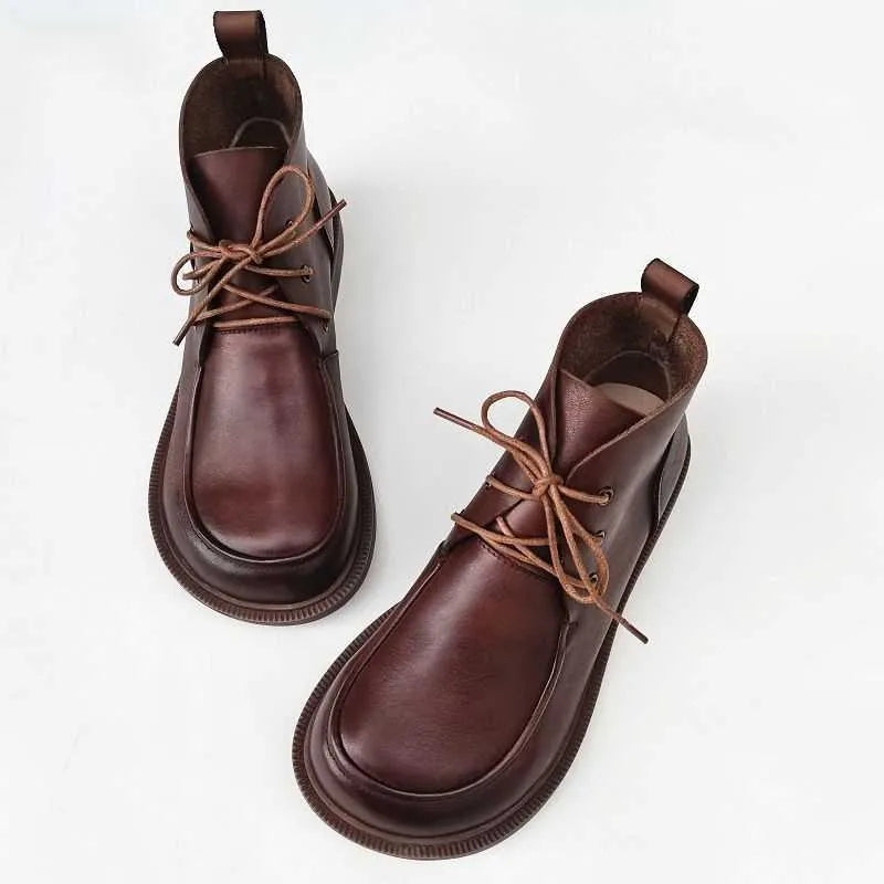 Women's big toe ankle boots in first layer cowhide leather, low tube high-top, brown or black, sizes 35-41