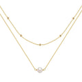 Women's double layer sterling silver necklace with geometric pendant and twin pearls, shown in gold and white gold plating.