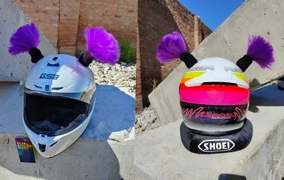 Pair of synthetic braid decorations and adhesive tube for customising motorcycle or ski helmets.