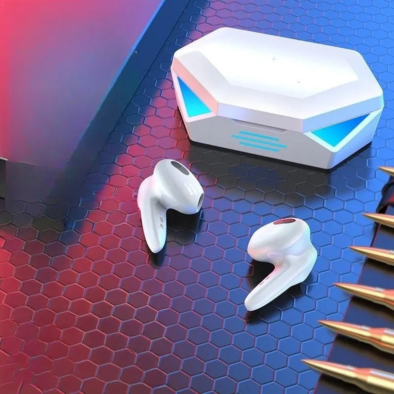 G20 Yellow TWS Bluetooth gaming headphones with charging compartment on a white background