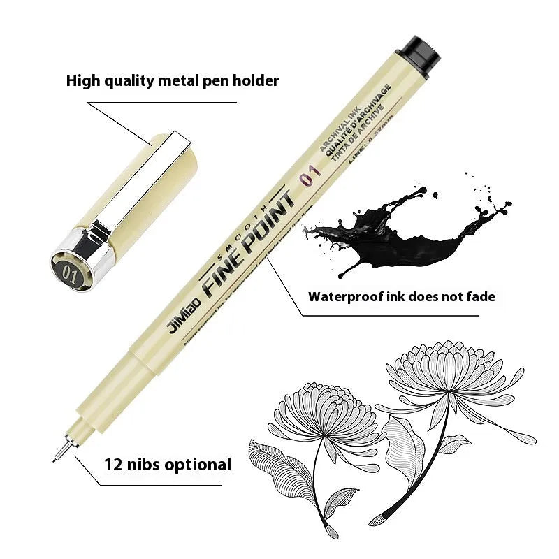 Waterproof needle pen with hook line art cartoon sketch design and syringe-style appearance