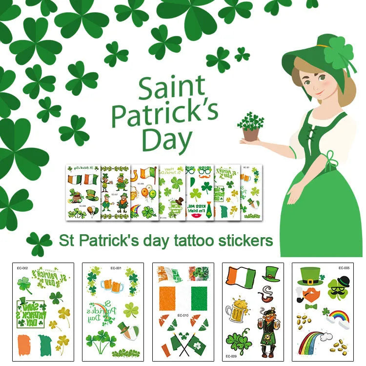 A single sheet of tattoo sticker paper featuring a green cartoon clover design for St. Patrick's Day, showing the water-transfer backing.