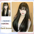Dark brown straight women's wig with bangs for round face shapes