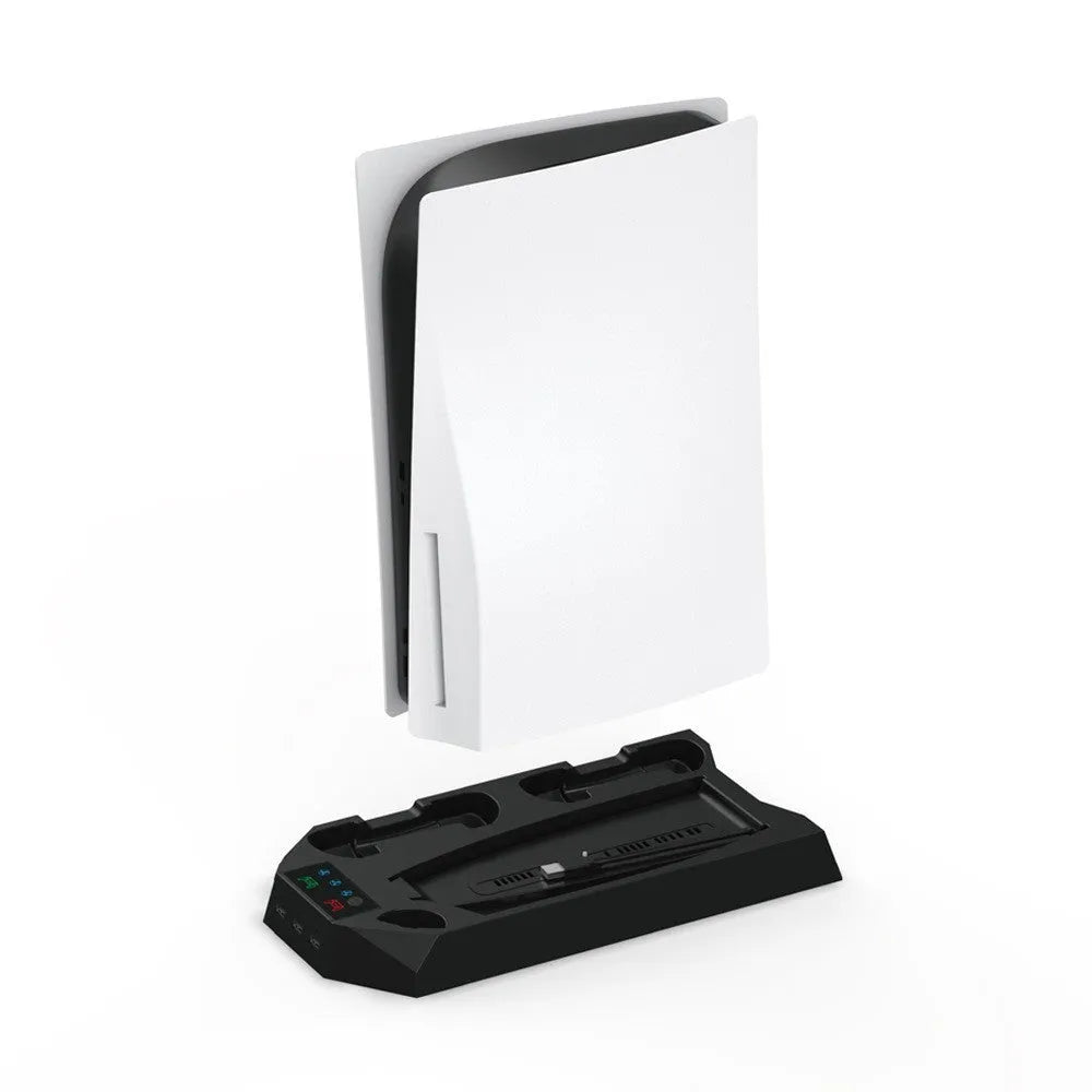 White PS5 charging base and radiator stand holding console, controllers, remote, and headset