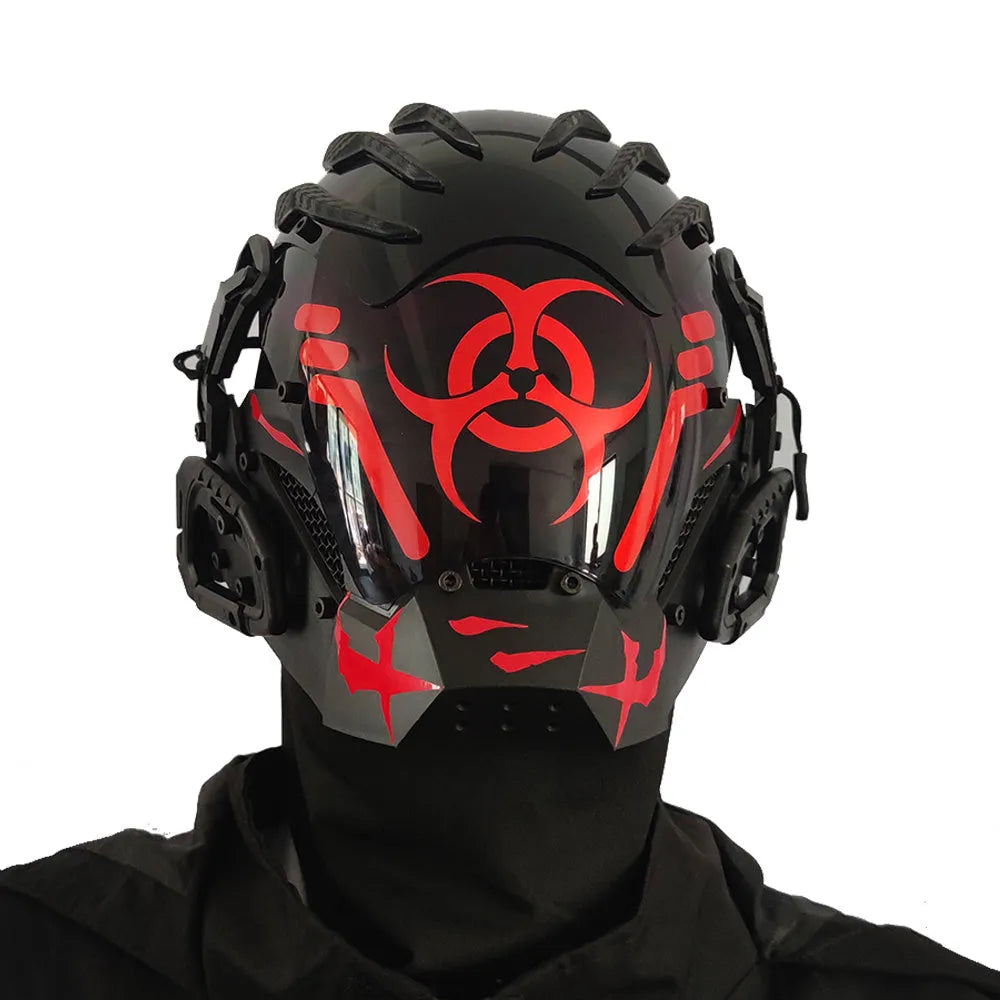 Black full face cybernetic prop helmet with bioweapon tech theme on a neutral background.