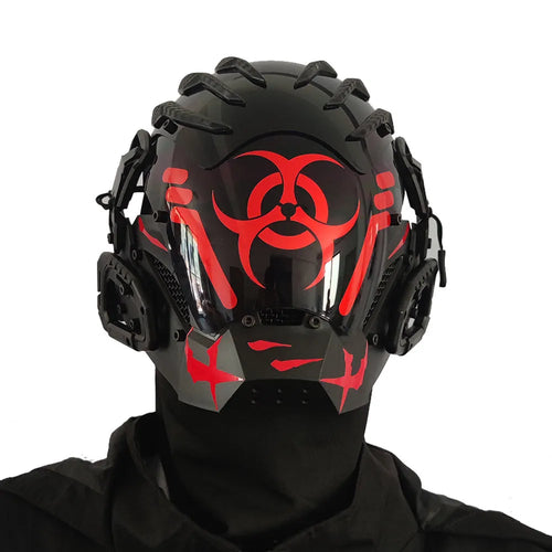 Black full face prop mask with bioweapon tech design for costume events