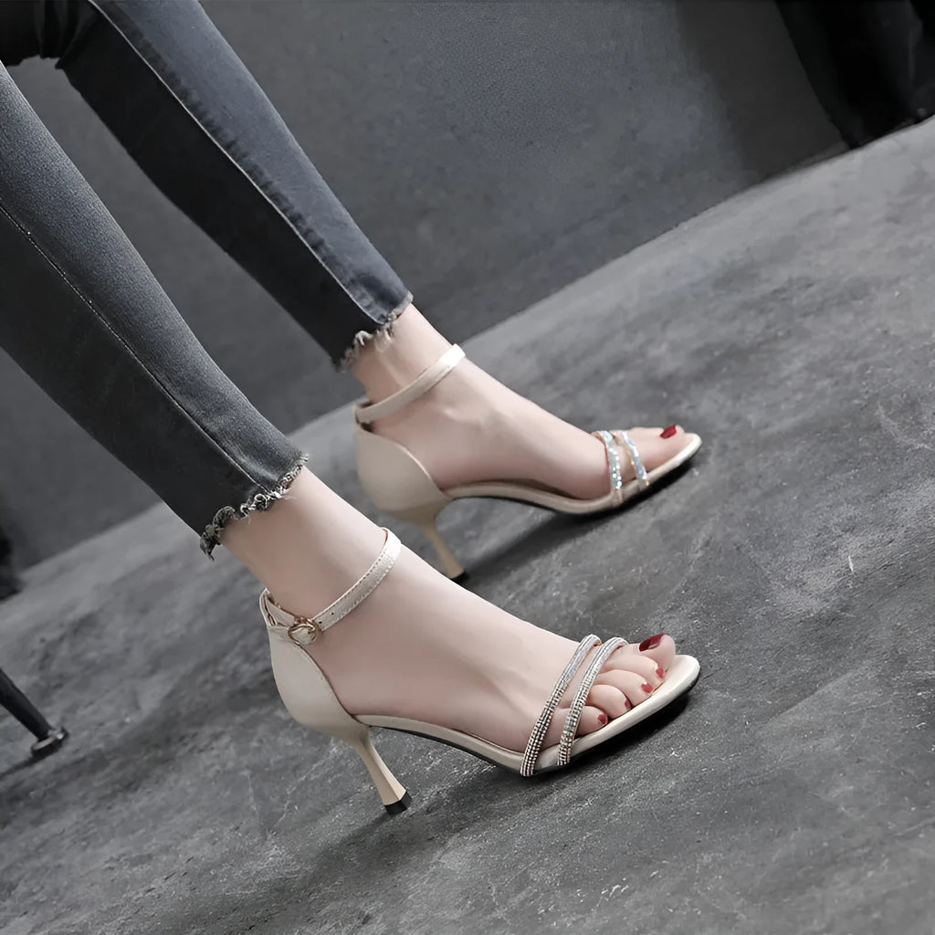 Women's satin high heel sandals round toe black 5cm heel size 35