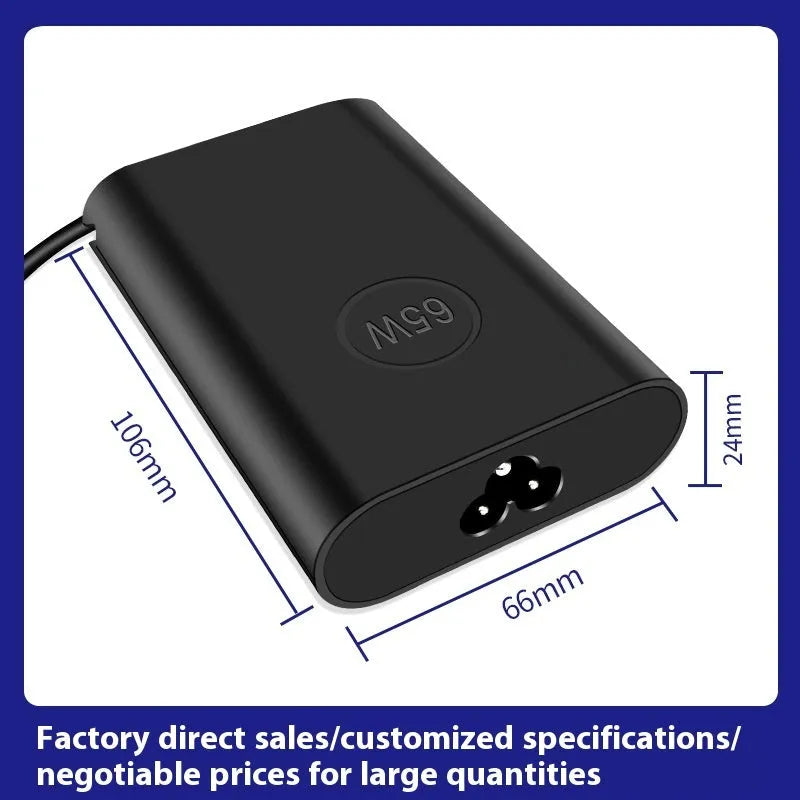 Black 65W USB-C laptop power adapter with a set of international plug cords including UK, US, EU, AU, and ZA types.