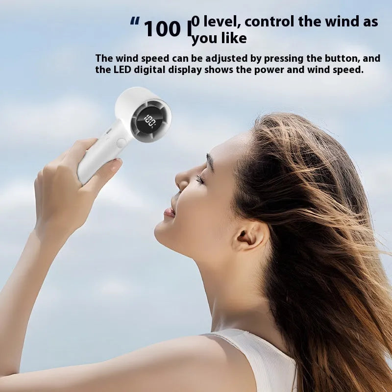 Handheld high-speed fan with five blades, available in Cool Black colour, compact design for USB charging
