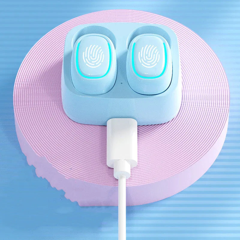 Wireless Bluetooth earplug-style earbuds with 10m range, 4 hour USB charging, shown in blue, pink, black, yellow, green and purple
