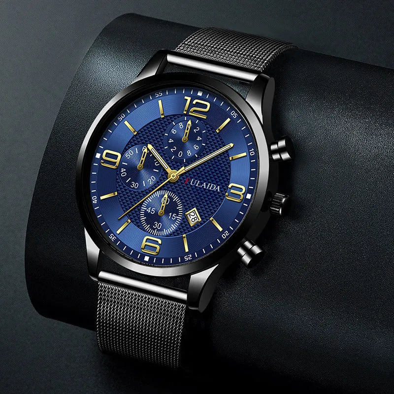 Men's quartz watch with 40mm circular dial, alloy strap, titanium metal buckle, and pointer display.