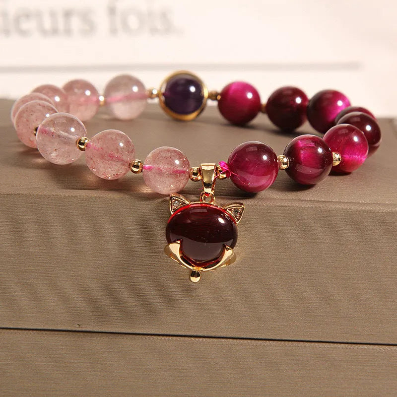Simple strawberry crystal bead bracelet on a black elasticated rope for women