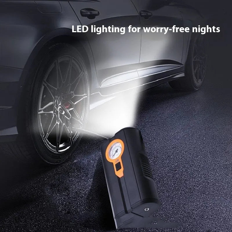 Portable car tyre inflator with digital display, integrated air pump, air nozzle, and power cord