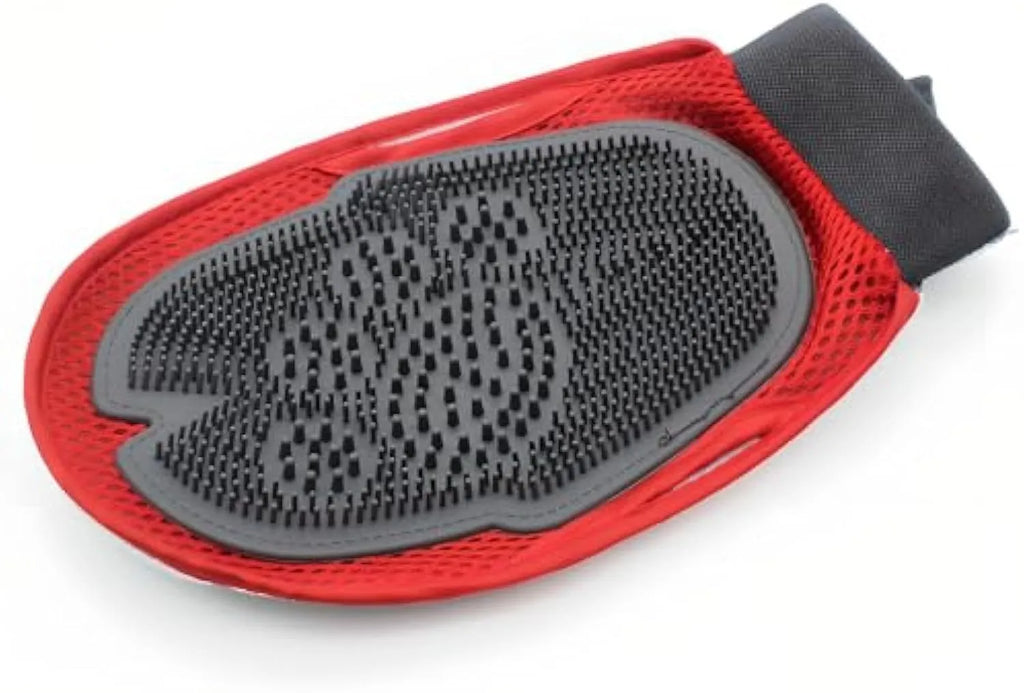 Red pet bathing glove with integrated cleaning brush measuring 26cm by 16cm