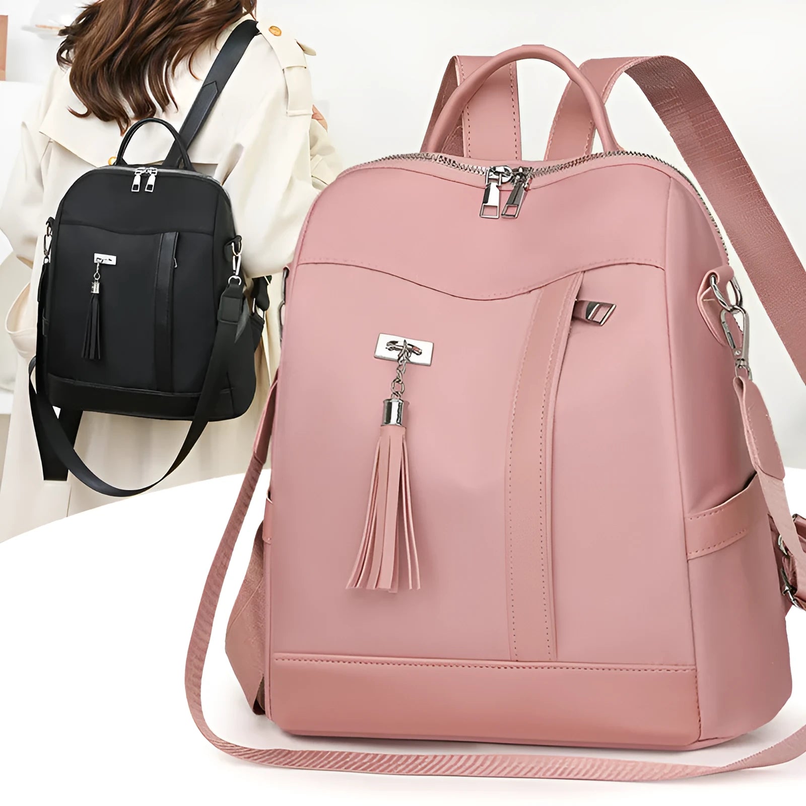 Soft black PU backpack showing three-dimensional front pocket and large main compartment.