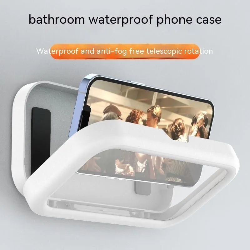 White plastic rotatable waterproof phone box mounted on bathroom wall with a phone inside, punch-free design, four colour options
