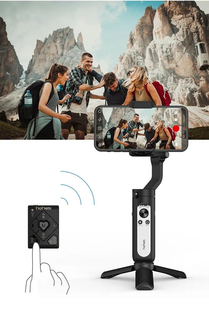 Smart anti-shake selfie stick stabilizer in black plastic, folded size 179x39x79mm, with phone clamp