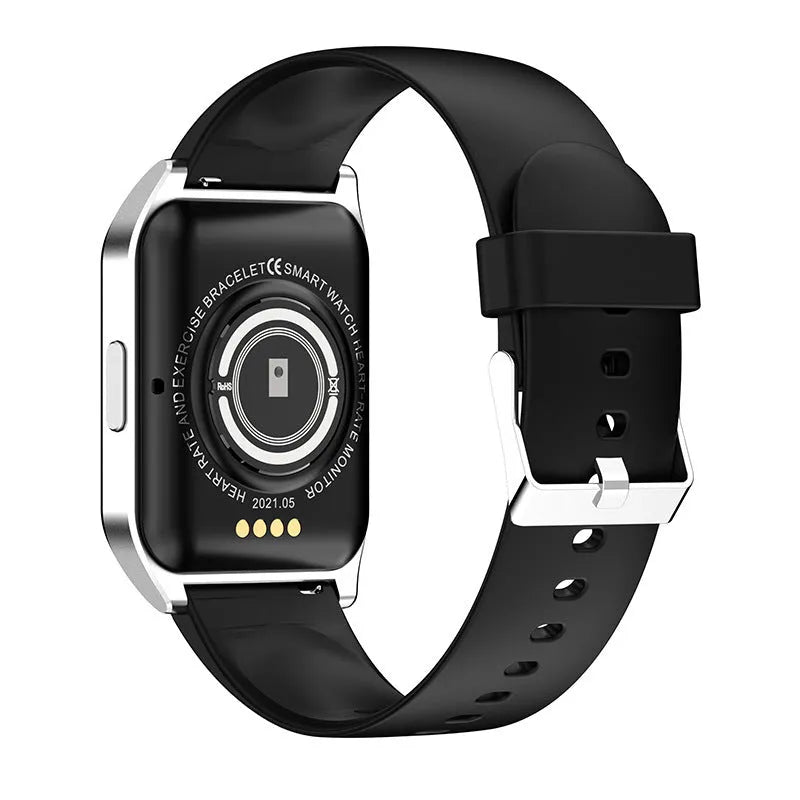 Black smart watch with heart rate monitor and 1.69-inch screen on a silicone wrist strap.
