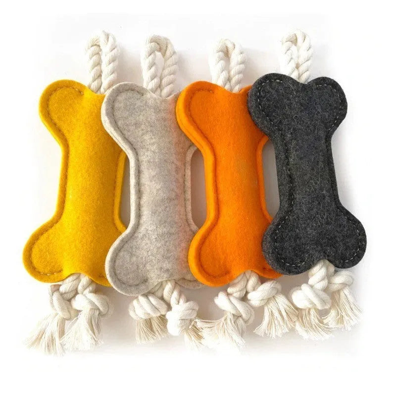 Bone-shaped felt dog toy with rope knot construction, showing black colour option