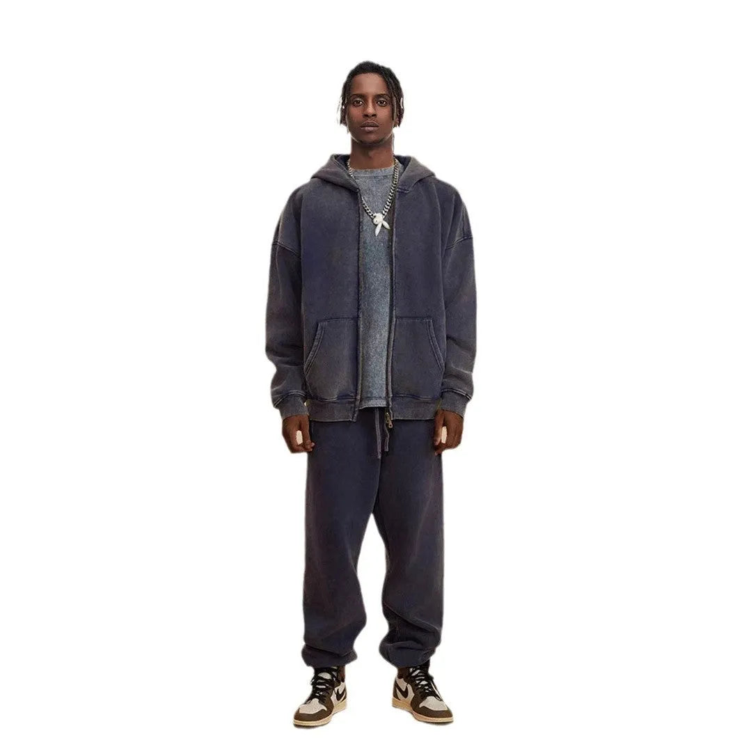 Men's washed cotton hooded cardigan sweater with fleece lining and a double zip front.