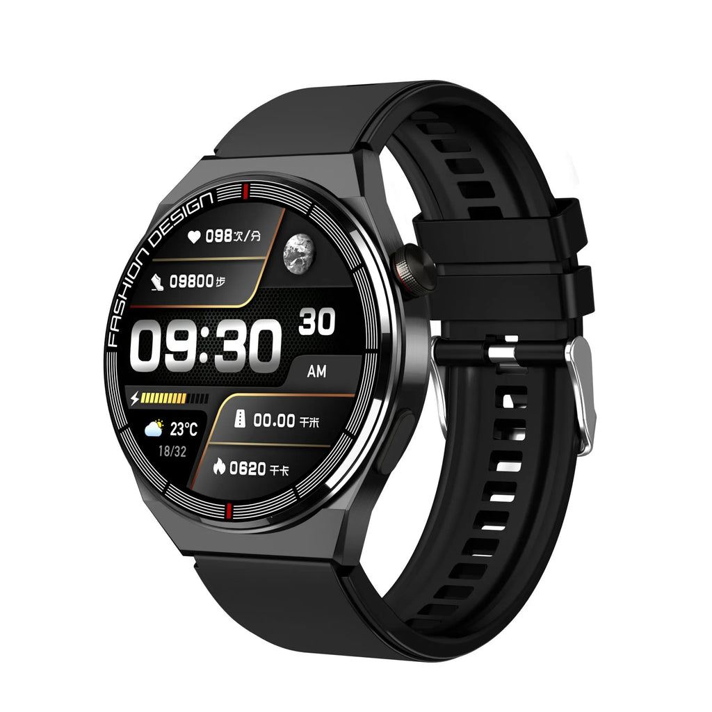 Black smartwatch with 1.28-inch screen on a silicone strap, showing heart rate and call interface
