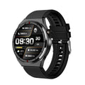 Black smartwatch with 1.28-inch screen on a silicone strap, showing heart rate and call interface