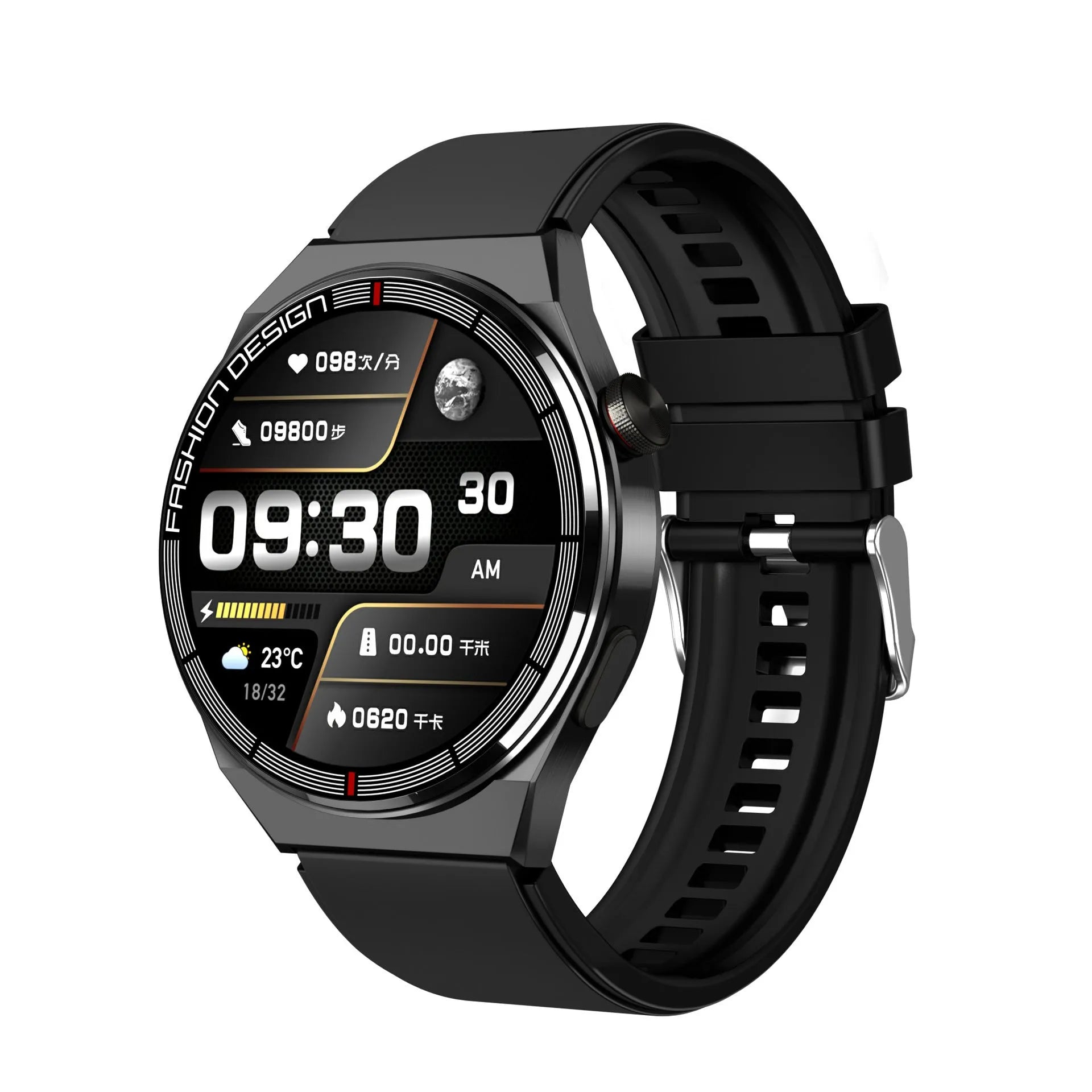 Black smartwatch with 1.28-inch screen on a silicone strap, showing heart rate and call interface