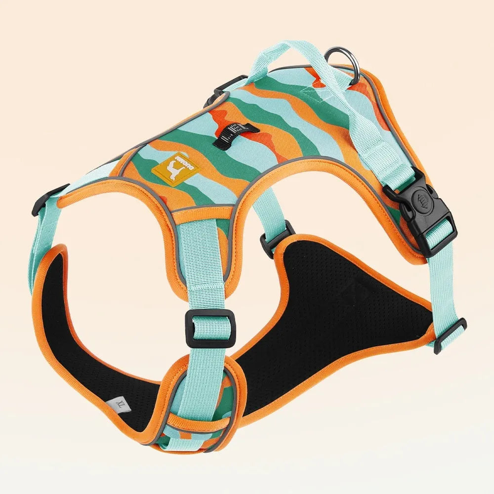 Reflective orange dog harness with chest and back rope attachments and a hand-holding lead.
