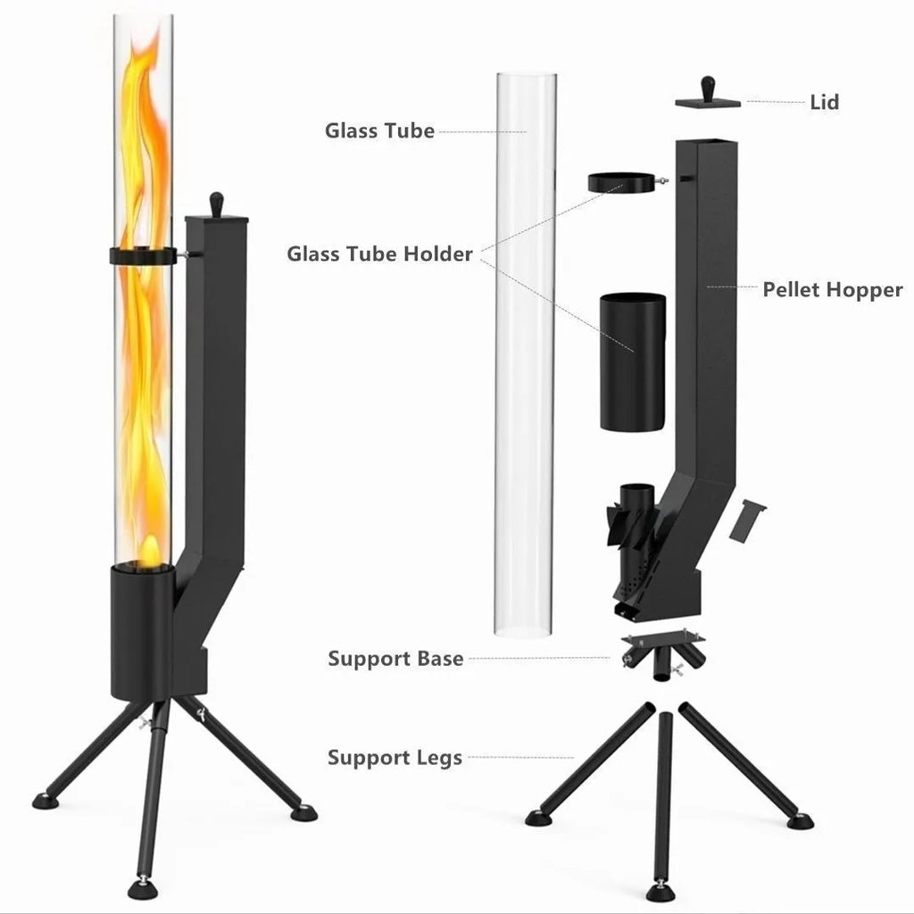 Vertical iron wood burning rocket furnace courtyard heating stove with decorative design