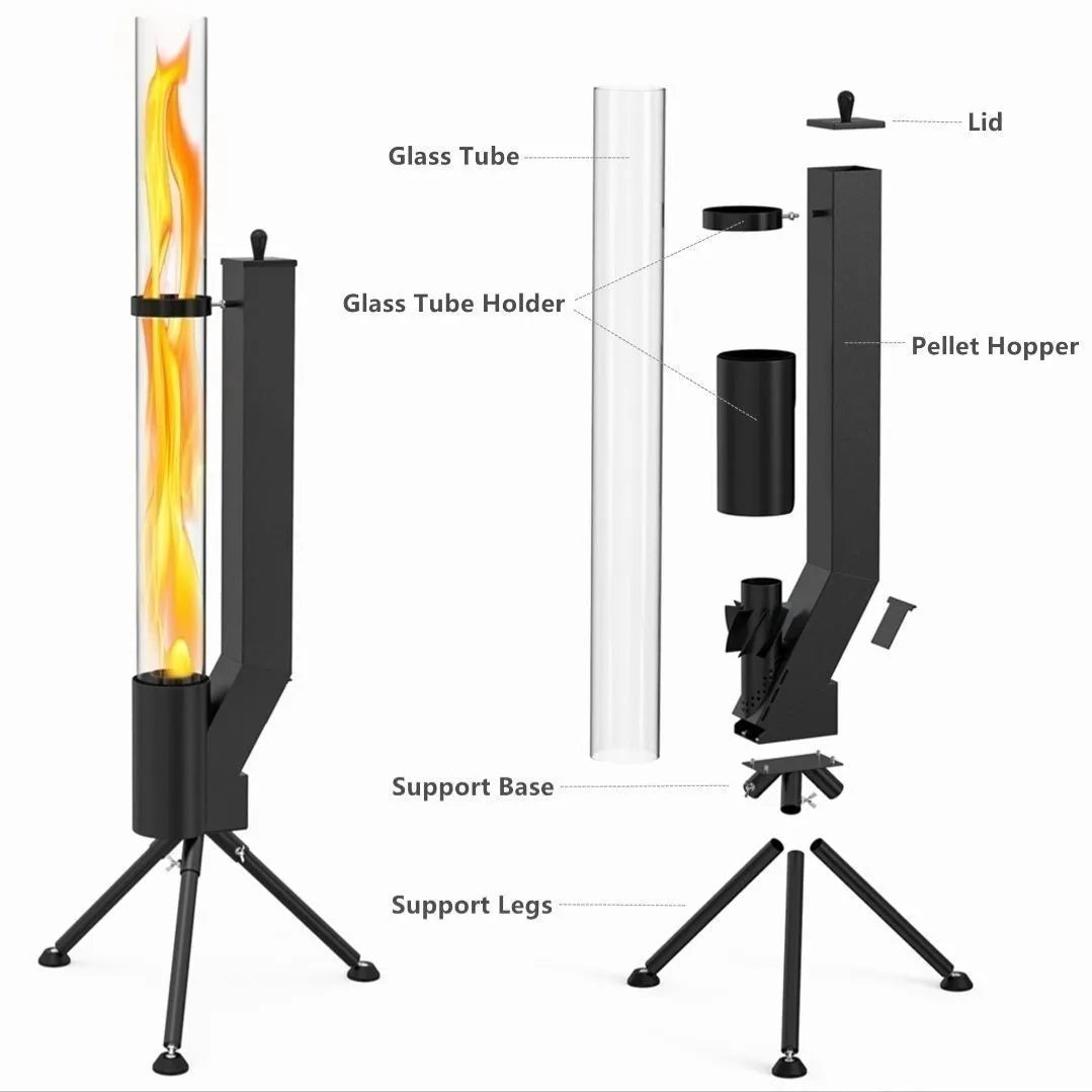 Vertical iron wood burning rocket furnace courtyard heating stove with decorative design