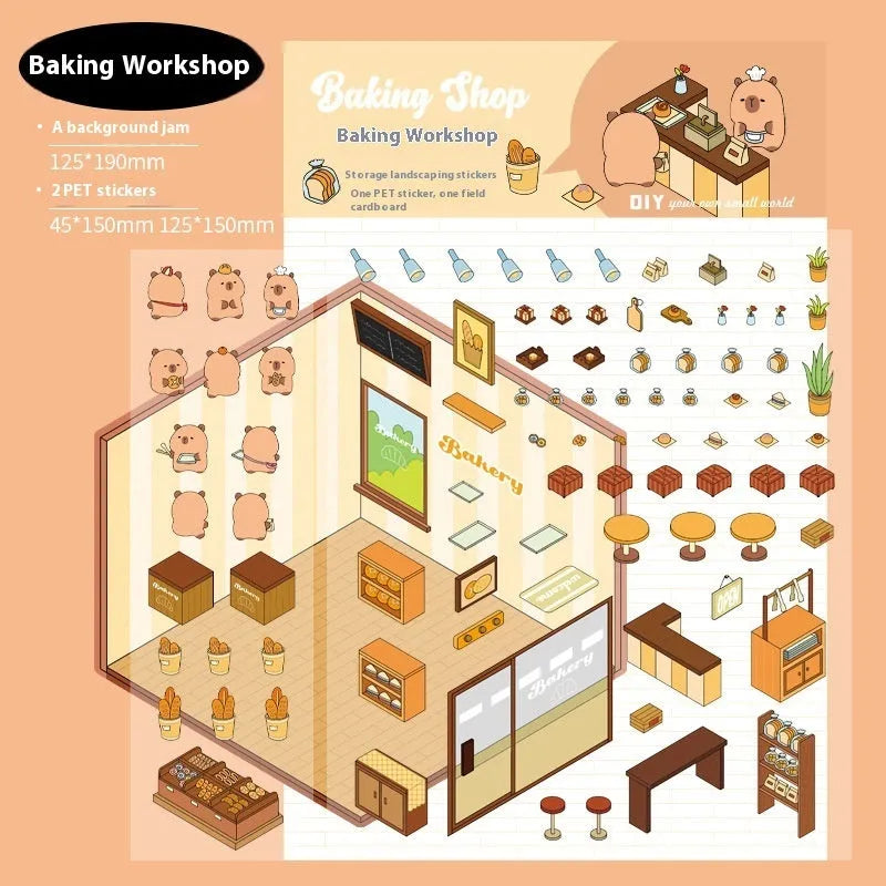 Set of eight colourful Capabala 3D business-themed cartoon stickers including bakery and bookstore designs.
