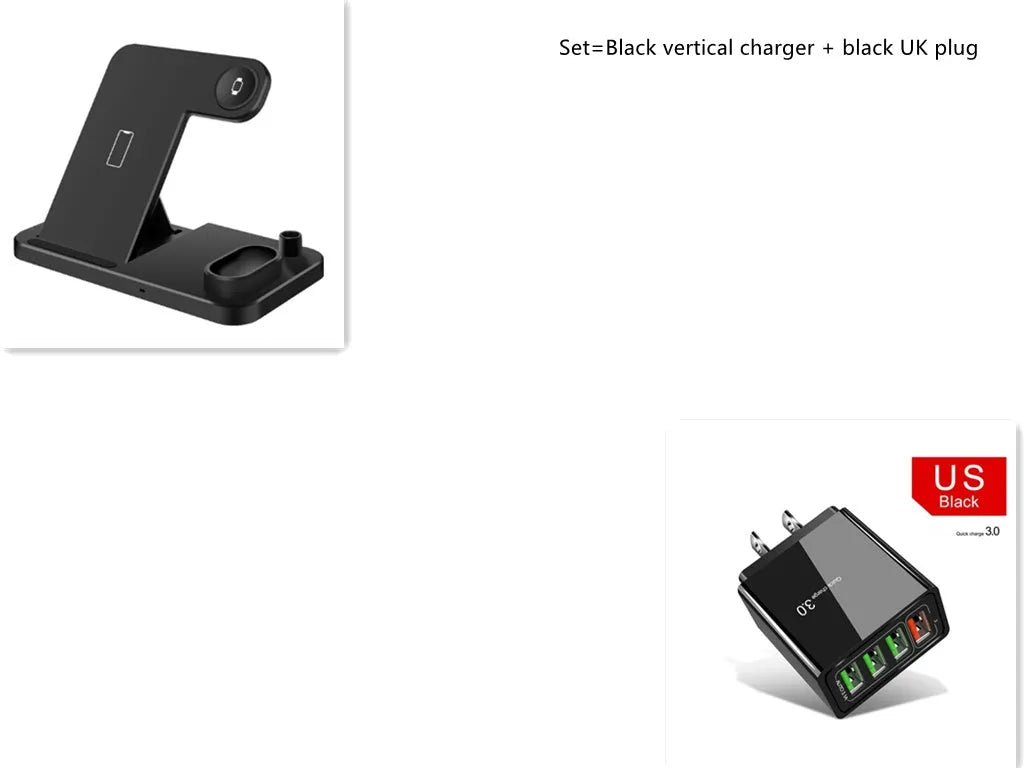 4-in-1 wireless charging dock showing iPhone, Apple Watch, AirPods and Apple Pencil charging simultaneously on adjustable stand.
