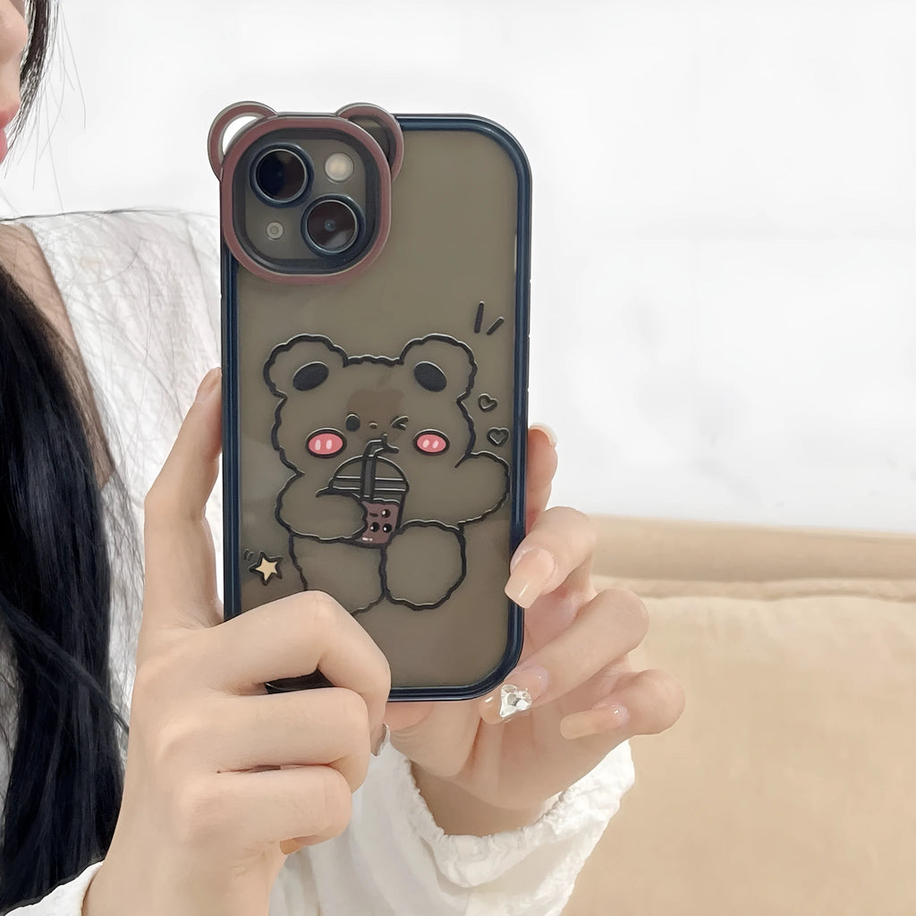 Drinking milk tea bear TPU phone case for iPhone 14, 13, 12, 11 series on a white background