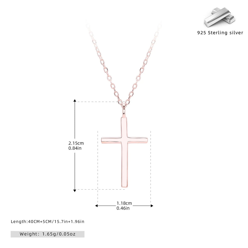S925 sterling silver necklace with a simple glossy cross pendant on an O-shaped chain in a choice of gold, platinum, or rose gold plating.
