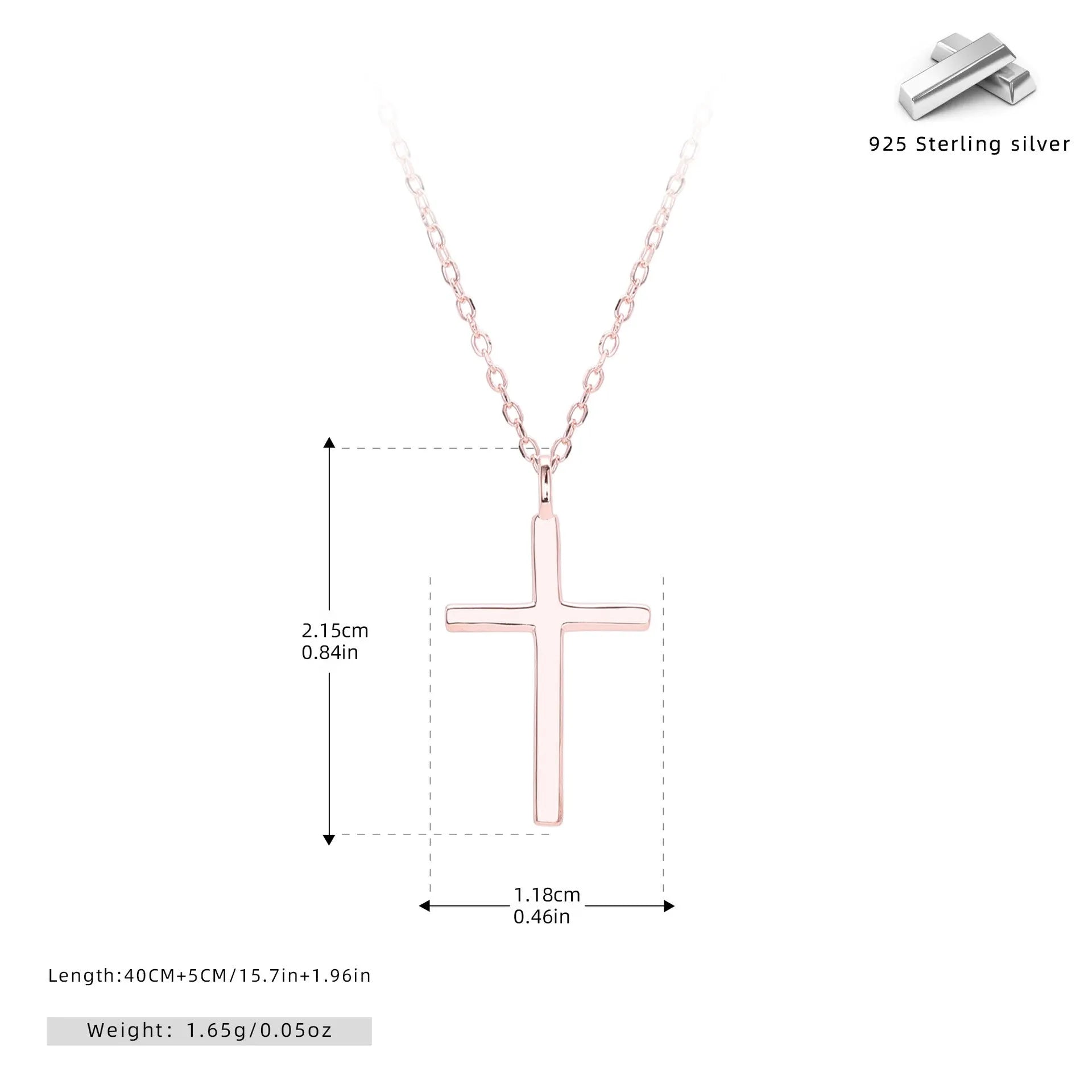 S925 sterling silver necklace with a simple glossy cross pendant on an O-shaped chain in a choice of gold, platinum, or rose gold plating.