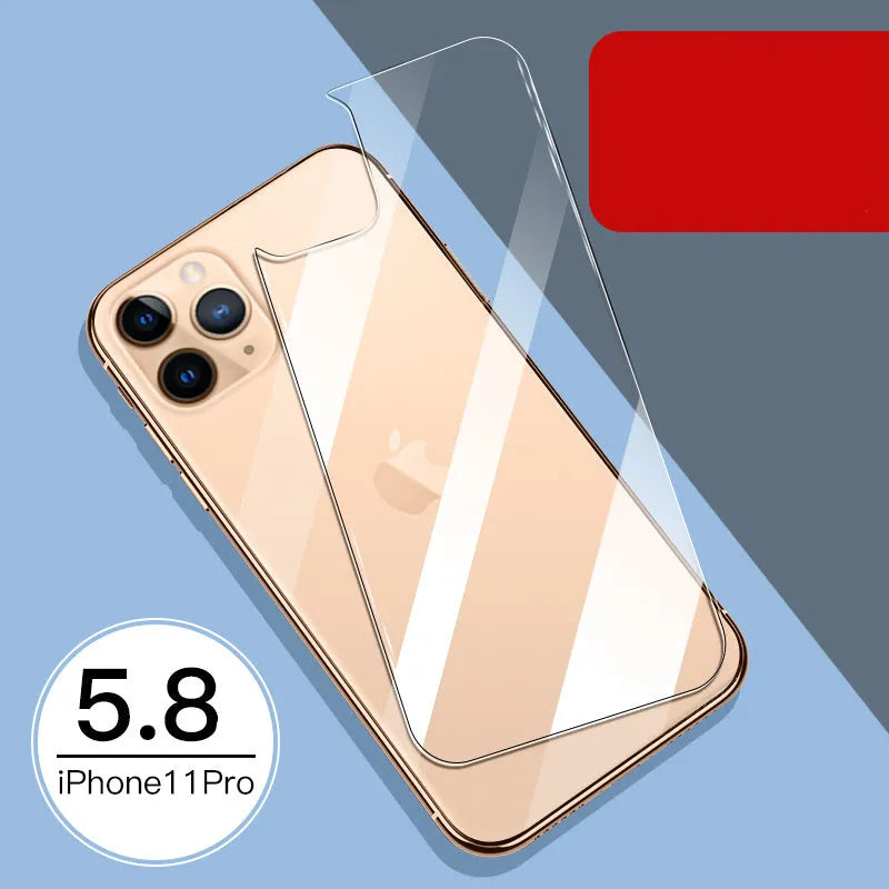 Tempered glass screen and rear protector film for Apple iPhone models on a table.