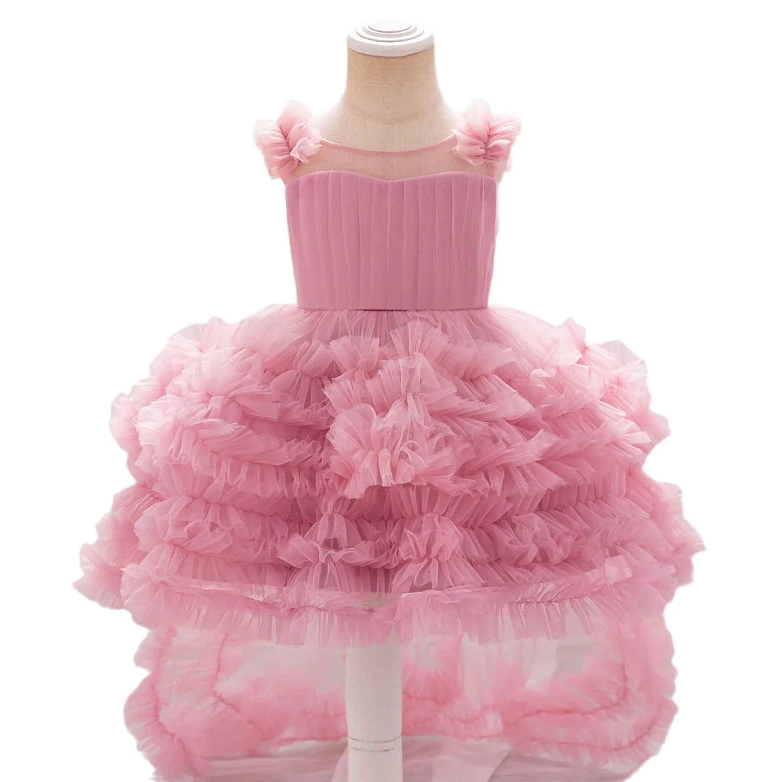 New children's sleeveless mesh long dress in bean pink for girls, suitable for height 70cm to 110cm