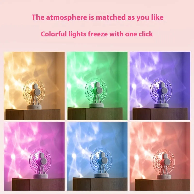 Pink and white Bluetooth speaker projecting colourful Ferris wheel and water ripple LED light patterns
