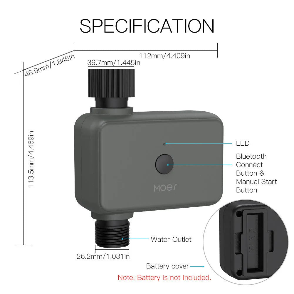 Bluetooth smart garden water timer with digital display connected to a garden hose