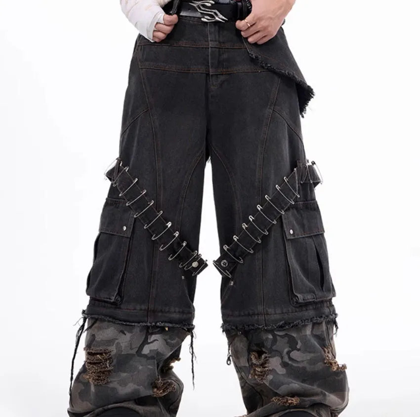 Men's grey camouflage jeans with splicing structure and pin ribbon detailing in cotton denim