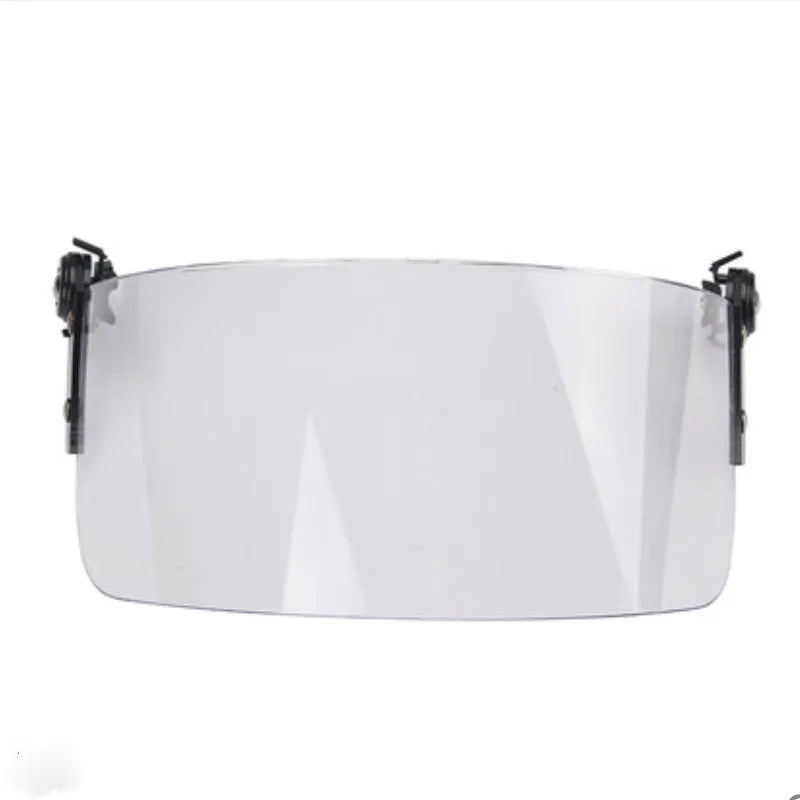 Transparent polycarbonate full face shield for safety helmet mounting.