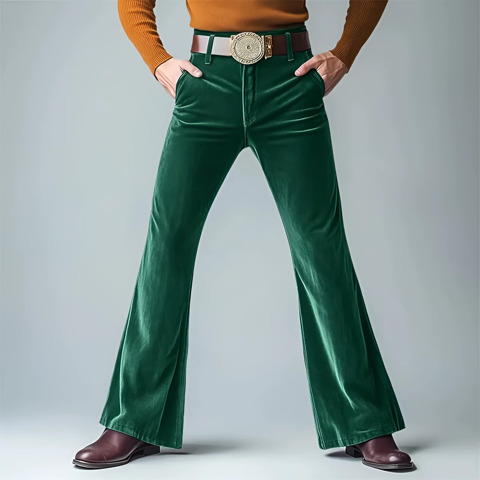 Men's slim flared trousers in gold velvet fabric, shown in multiple colours including black, blue, and dark red.