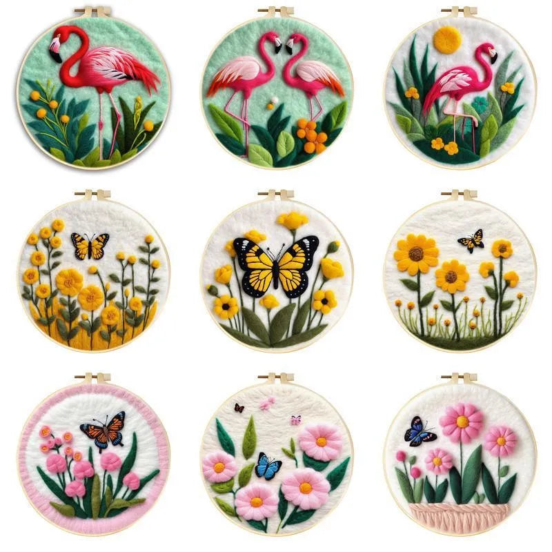 Round fabric embroidery kit with linen square, wool felt, and embroidery frame for handmade decorations.