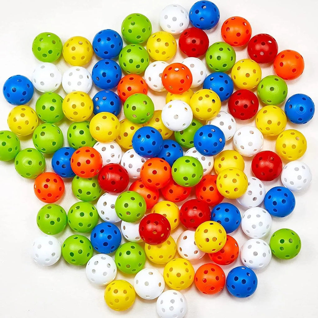Multi-colour 42mm golf practice balls in a net pocket, showing red, orange, blue, green, white, and yellow balls.