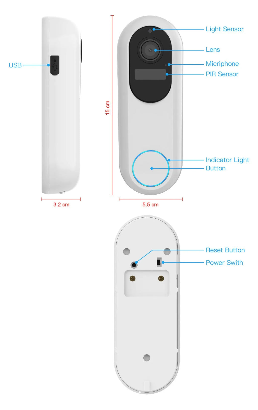Smart visual doorbell intercom with 1080P camera and detachable 5000mAh battery, black or white options.