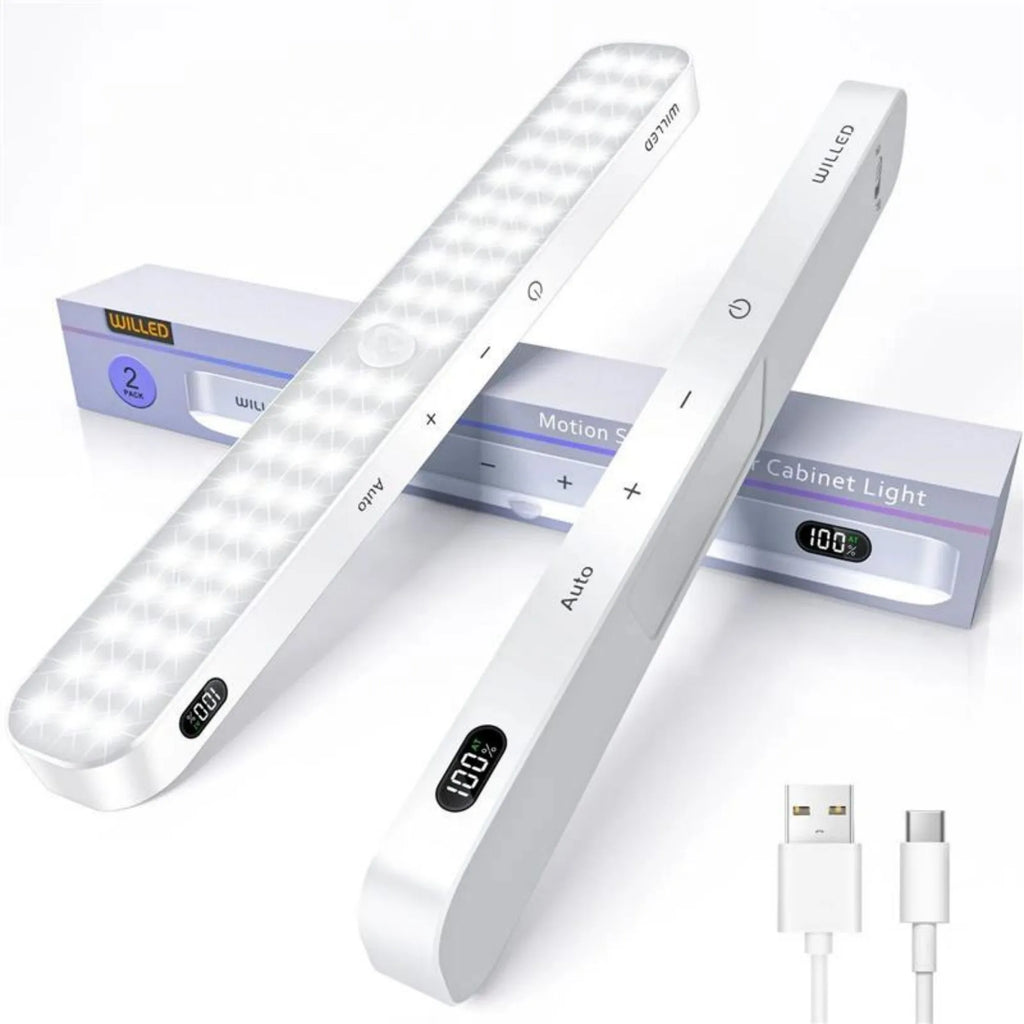 White motion sensor cabinet light with battery display screen, adjustable length 1m to 5m