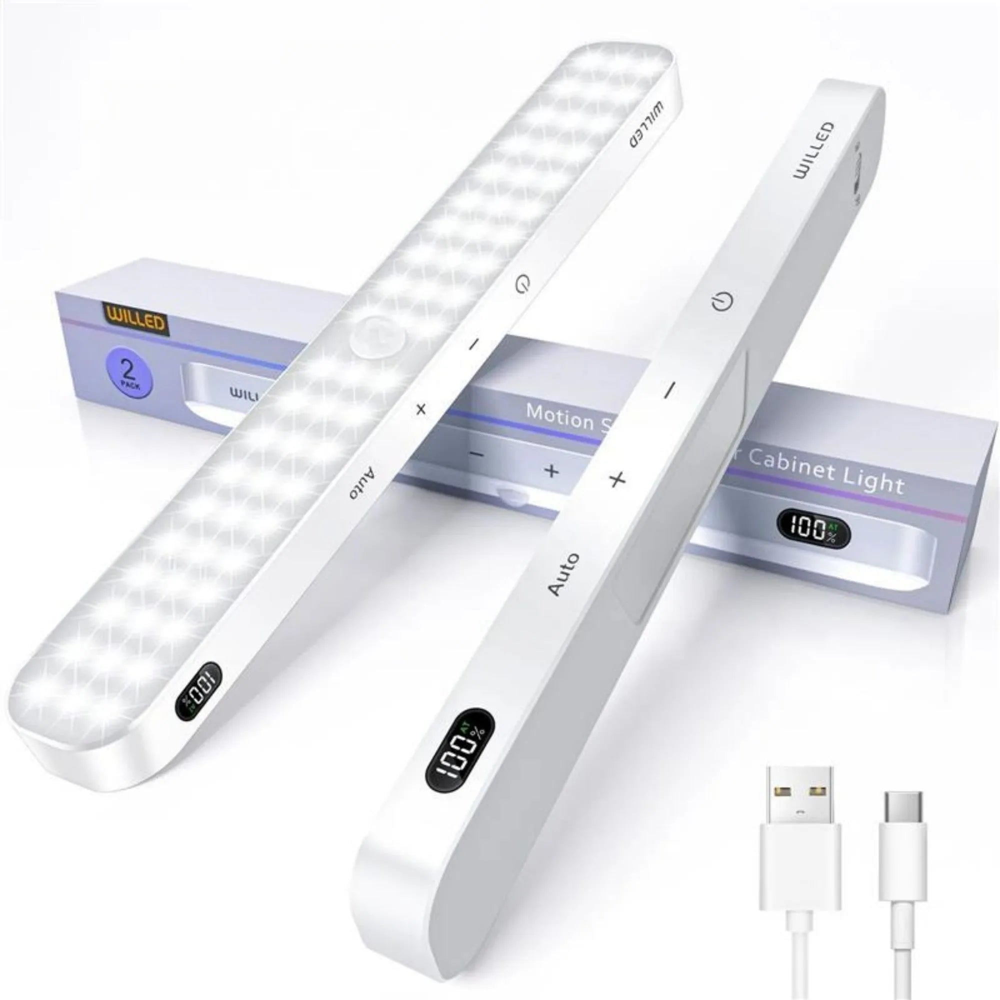 White motion sensor cabinet light with battery display screen, adjustable length 1m to 5m