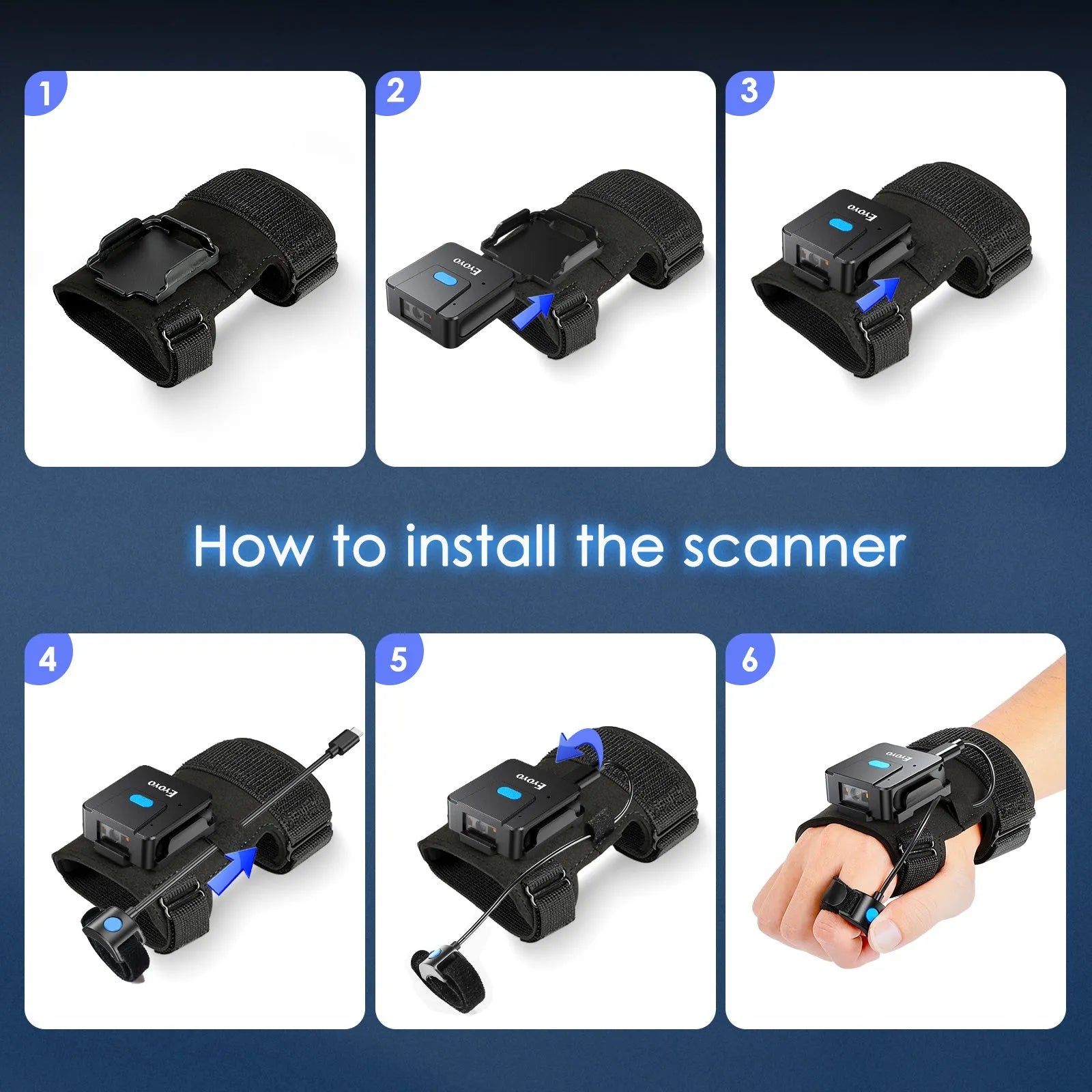 Bluetooth scanning gloves with integrated wrist-mounted barcode reader showing wireless handheld scanner design