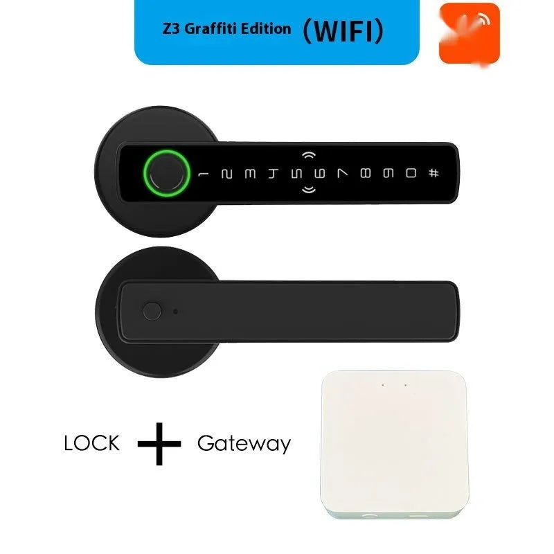 Black smart door lock with fingerprint scanner and credit card-style doodle board for wooden interior doors