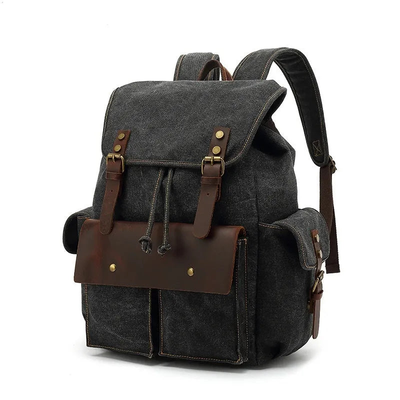 Retro canvas backpack in army green with antique bronze hardware and laptop compartment